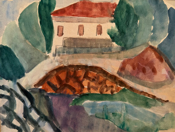 o.T Landschaft mit Gebäude